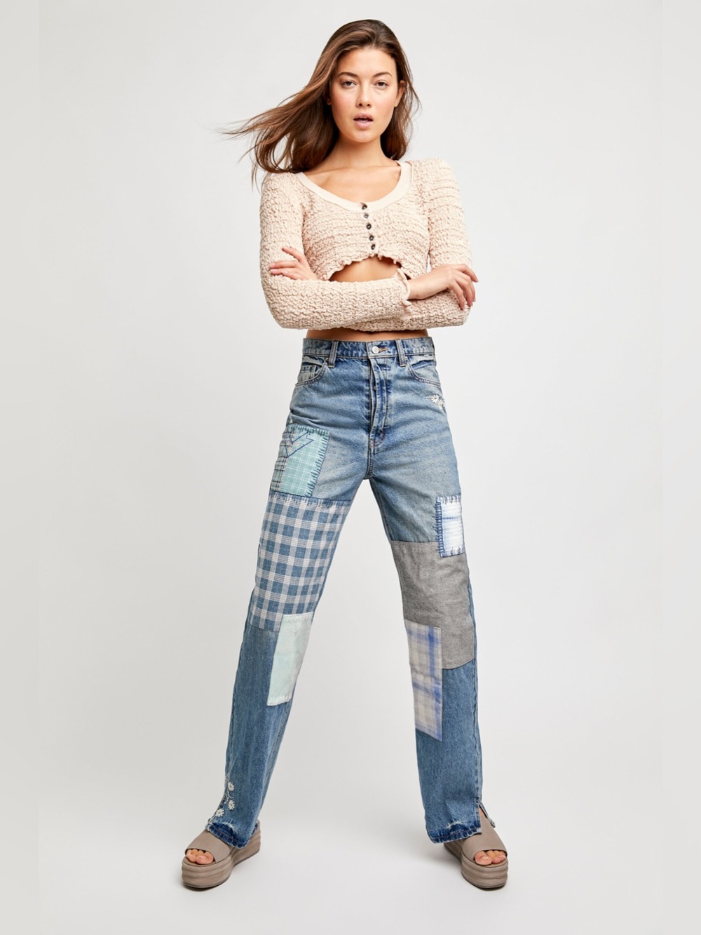 Free People We The Free Steinbeck Patched Straight Leg Jeans, Size 25